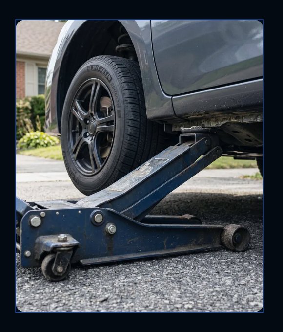 Vehicle safely raised on a professional floor jack for residential automotive repair service