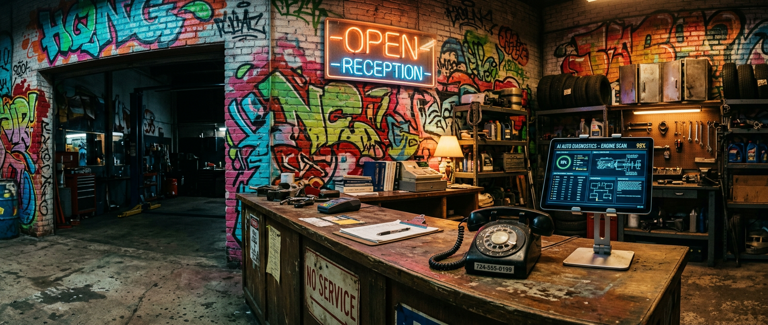 Panoramic auto shop service desk with phone, keys, and clipboard near a sunlit window