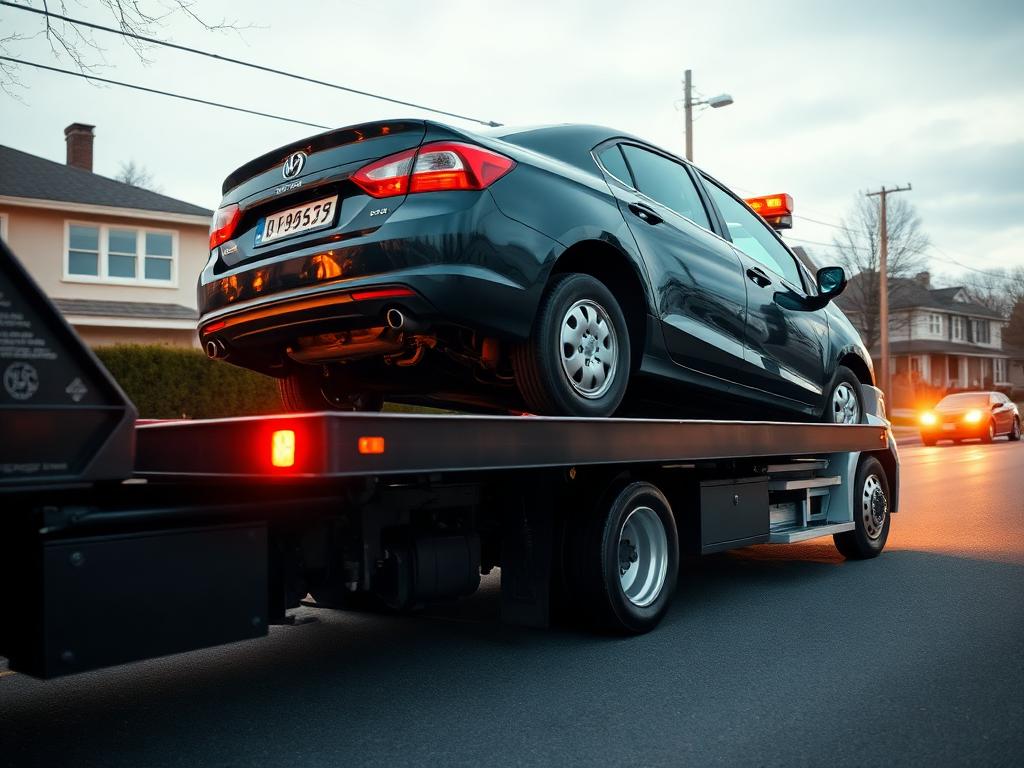 Flatbed tow truck loading a disabled sedan