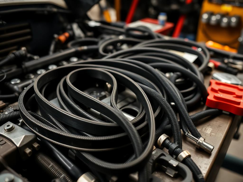 Serpentine belts and radiator hoses on a workbench