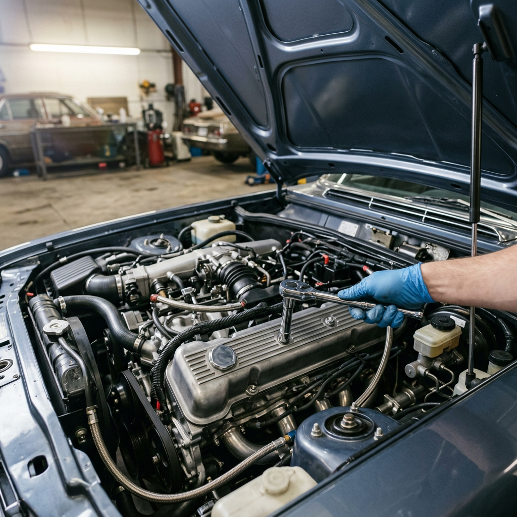 Open hood revealing engine bay with mechanic working