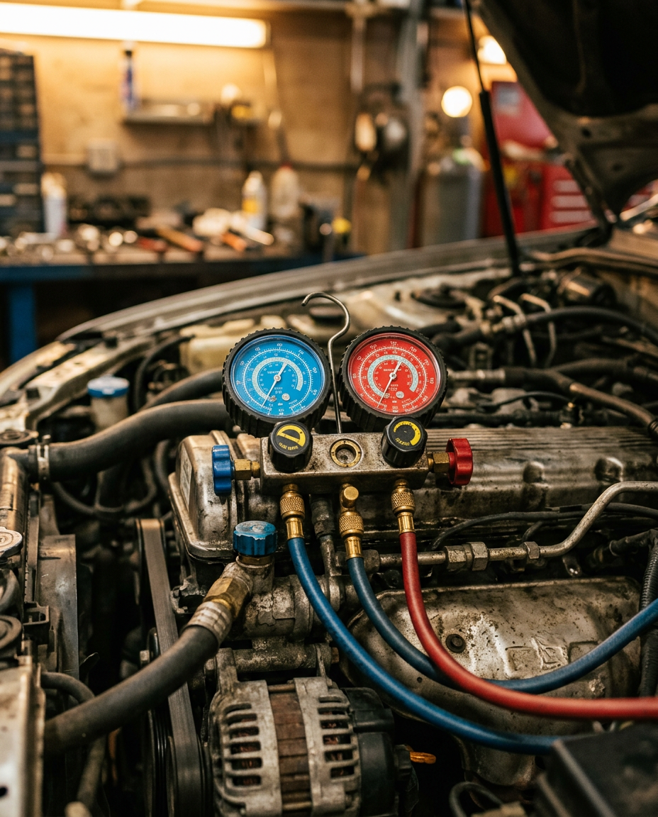 AC manifold gauge set connected to car engine service ports
