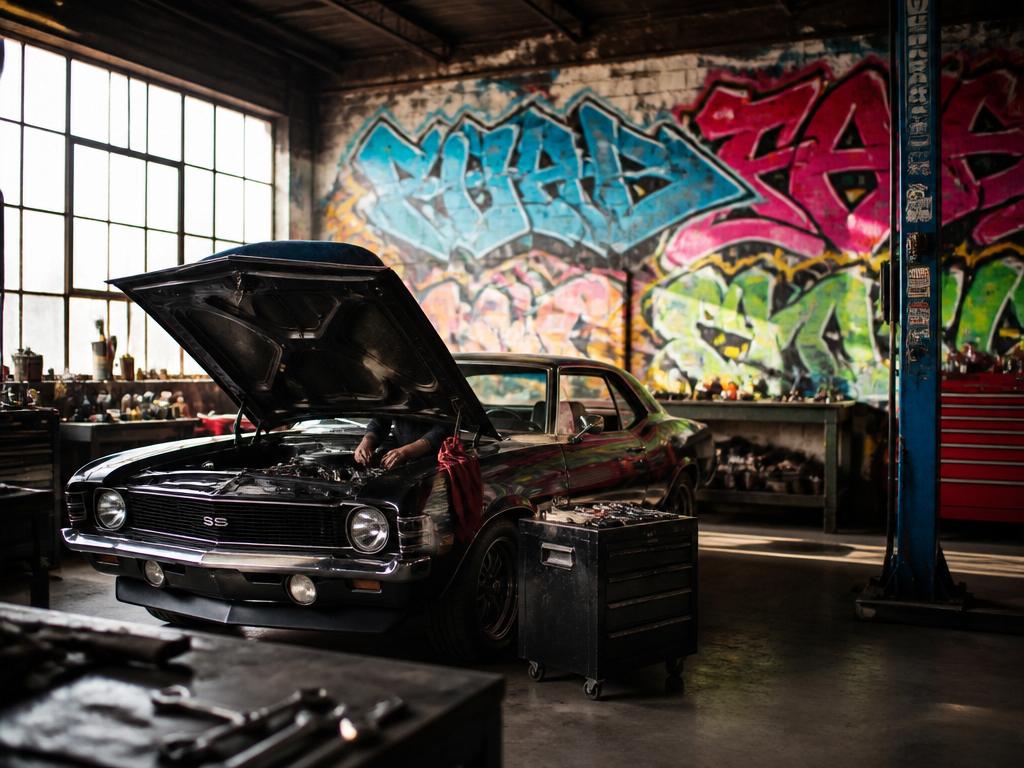 Muscle car on the shop floor with hood open, mechanic working inside a graffiti-covered repair shop