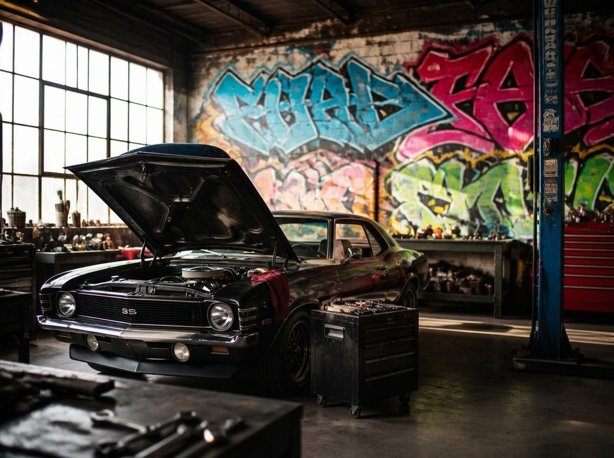 Classic muscle car under repair in graffiti-walled garage at New Generation Automotive Repair