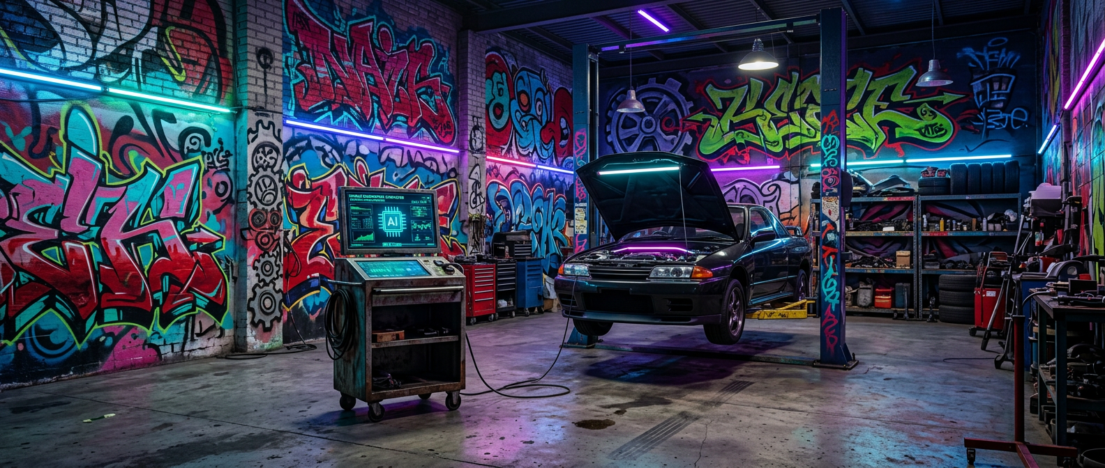 Panoramic view of a fully organized mechanic's tool wall inside an auto repair shop