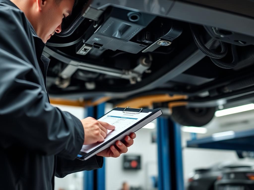 Mechanic performing pre-purchase vehicle inspection