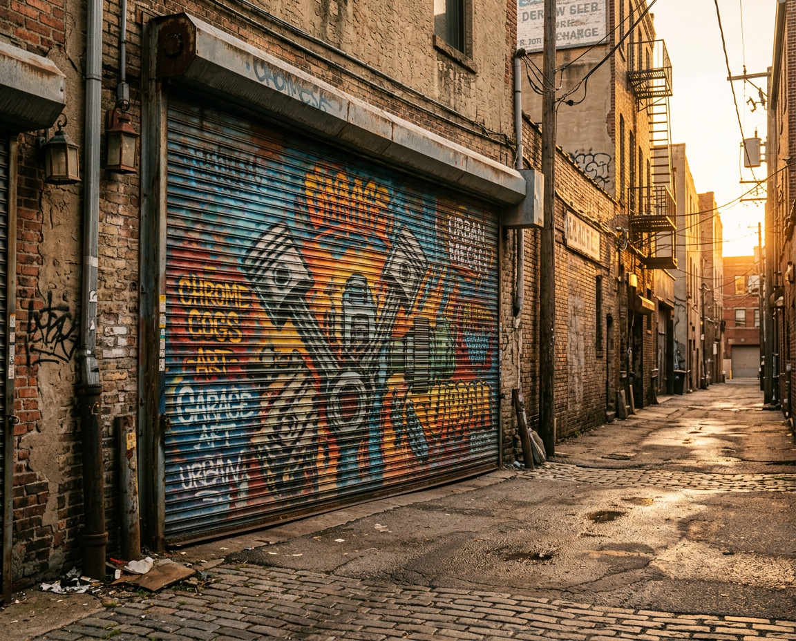 Graffiti-painted roll-up garage door at golden hour