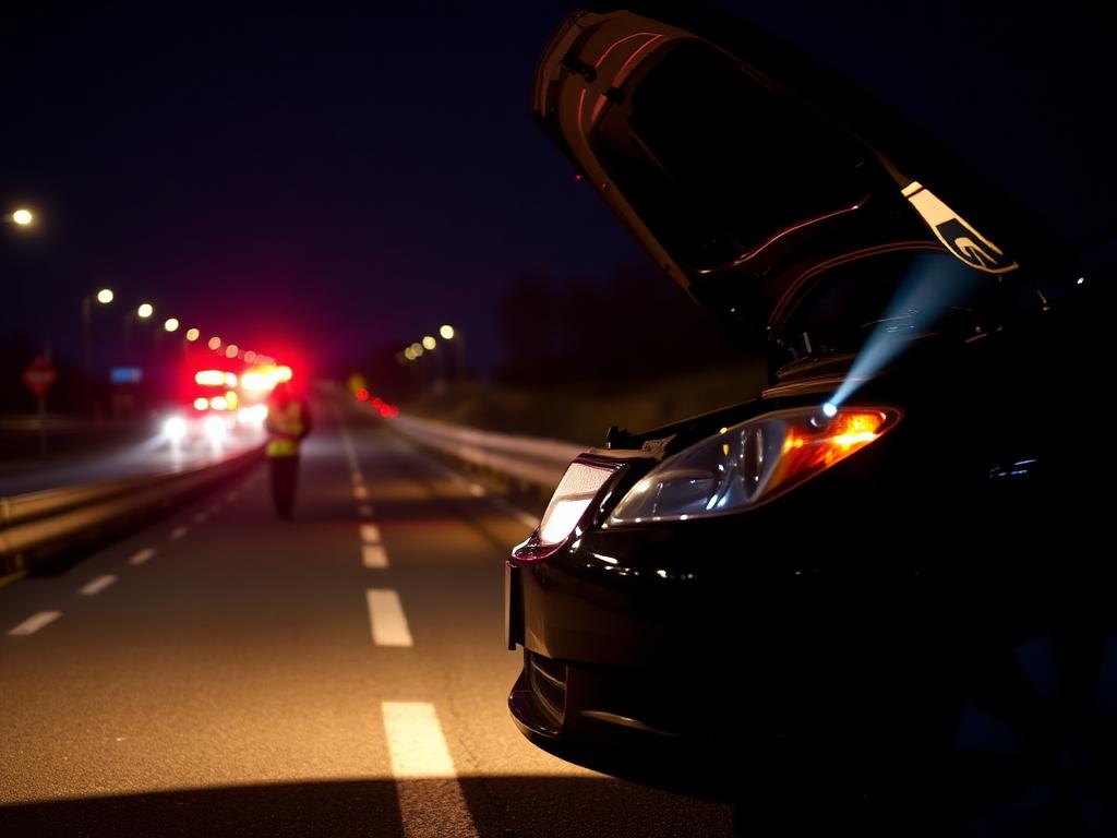 Emergency roadside repair at night with hazard lights