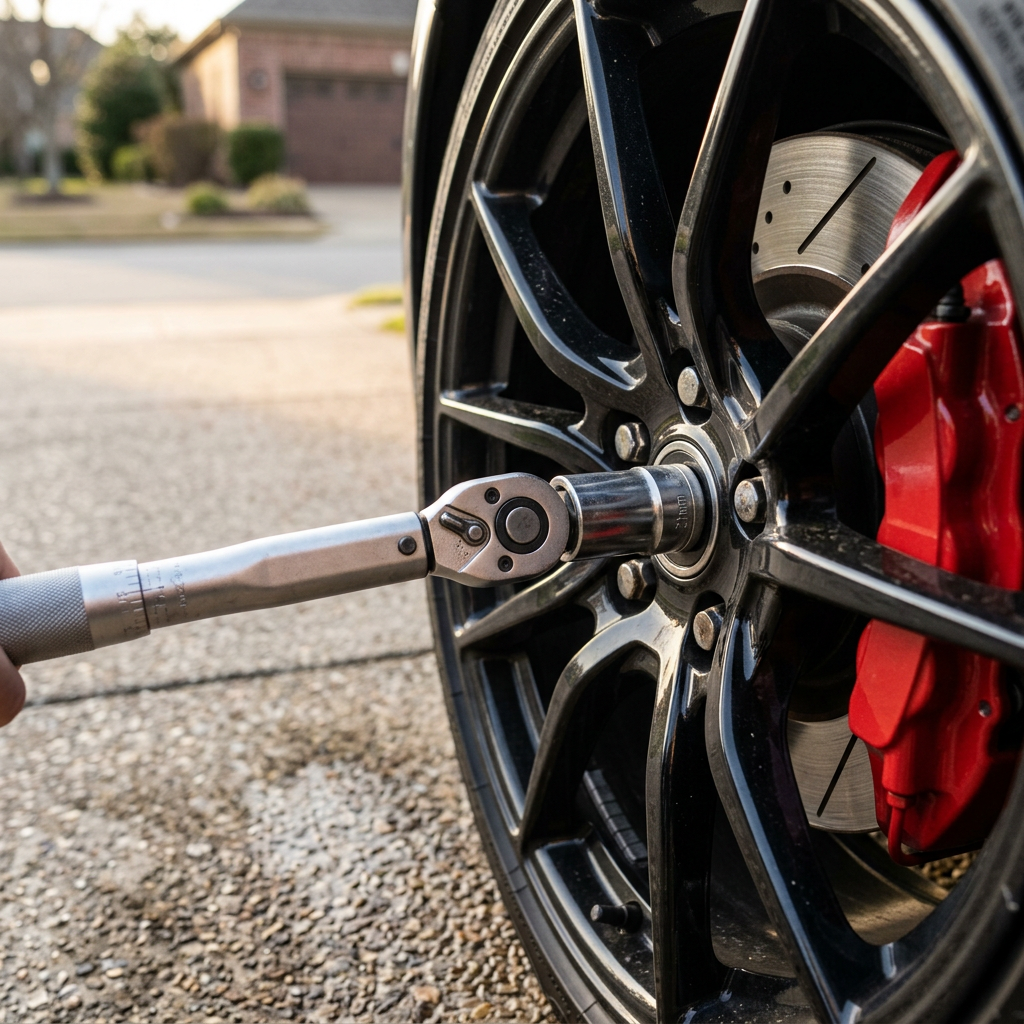 Torque wrench tightening lug nut on alloy wheel with red caliper