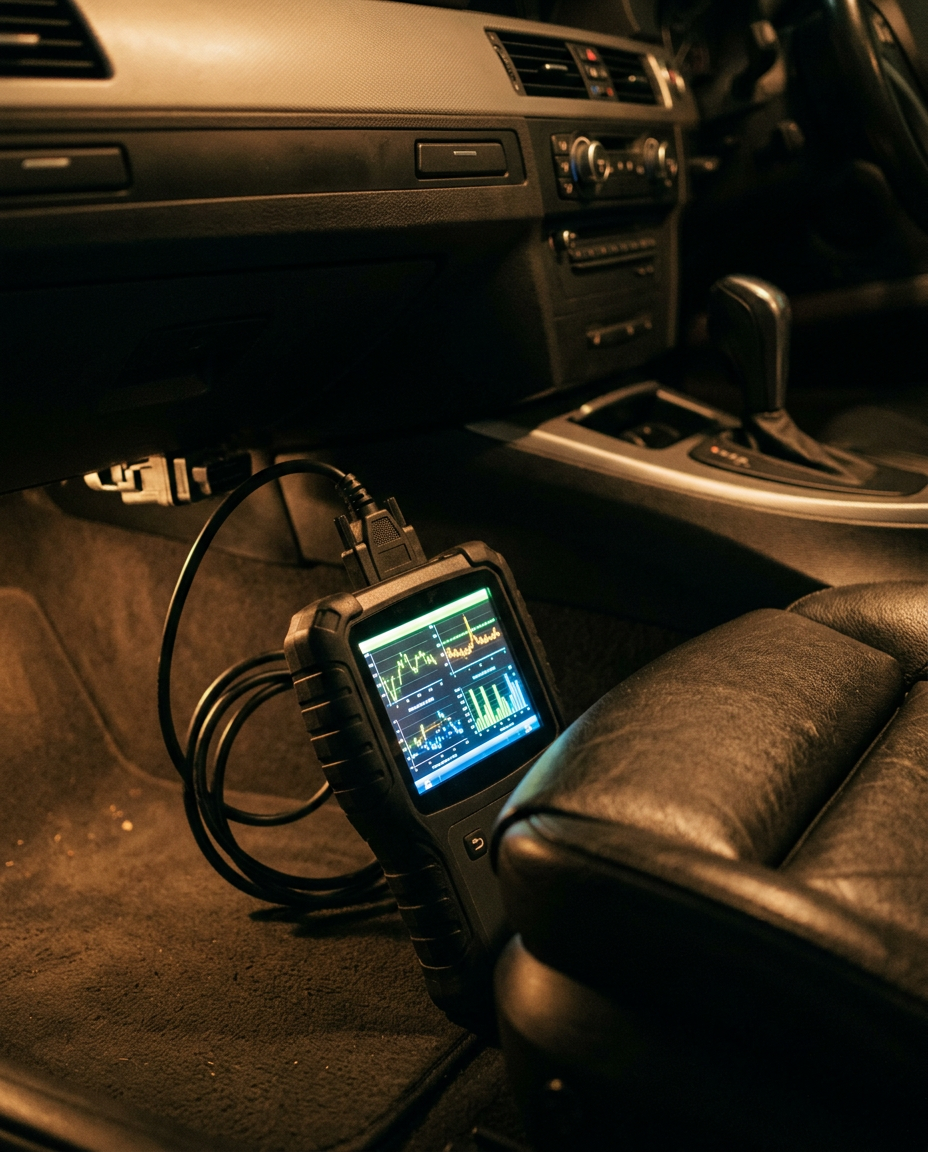 OBD-II diagnostic scanner plugged into car dashboard