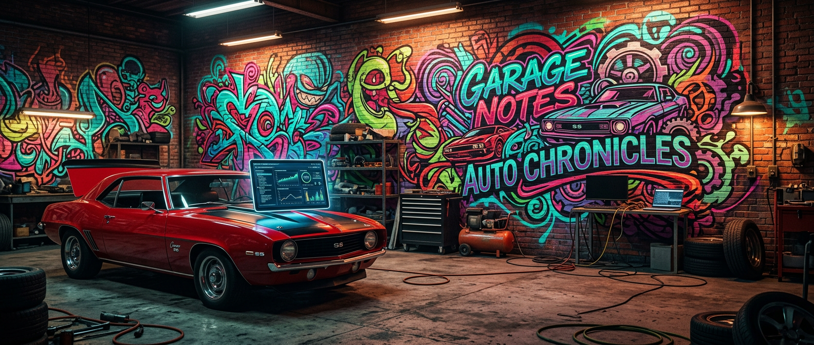 Independent automotive repair shop interior with a sedan parked on the shop floor and red tool chests in the background